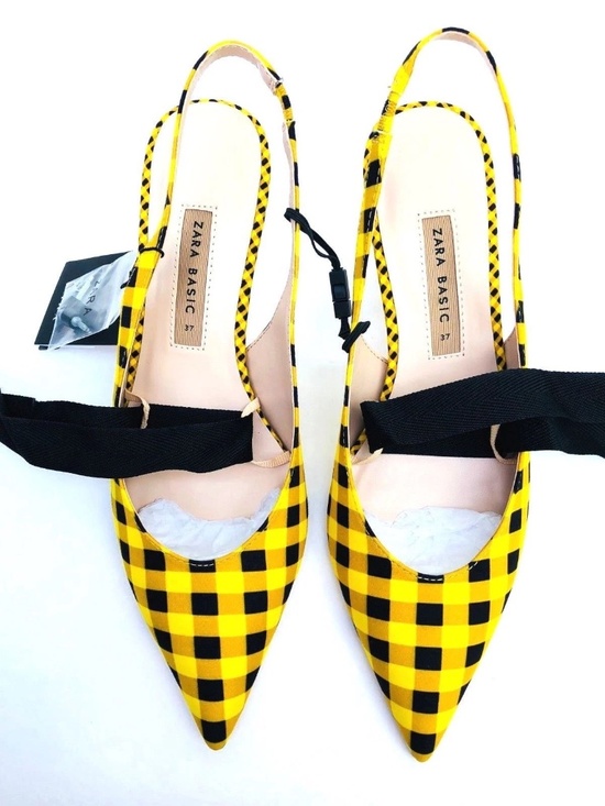 Zara Yellow & Black Check Kitten Heel Slingbacks with Ribbon Ties, Size 9, NWT - Picture 6 of 9